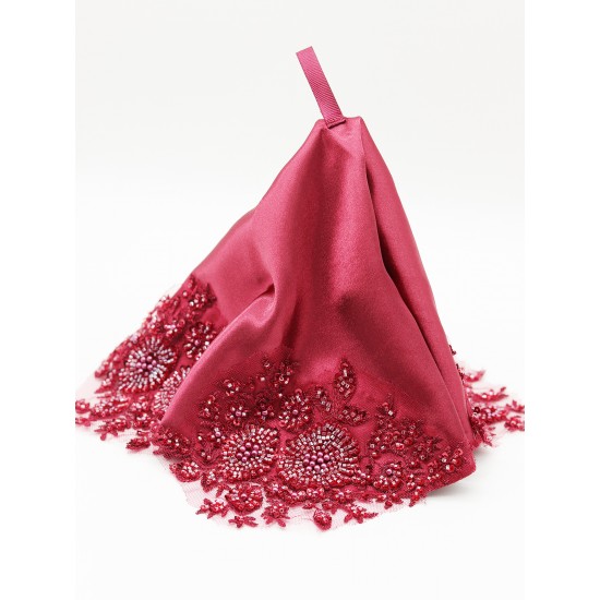 CÜMBÜŞ GELİN EL HALAY MENDİLİ SATEN AĞIR İŞLEMELİ BONCUKLU DESEN BORDO