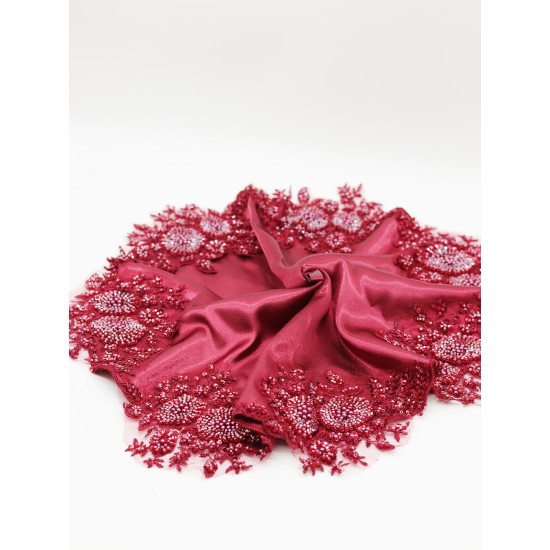 CÜMBÜŞ GELİN EL HALAY MENDİLİ SATEN AĞIR İŞLEMELİ BONCUKLU DESEN BORDO