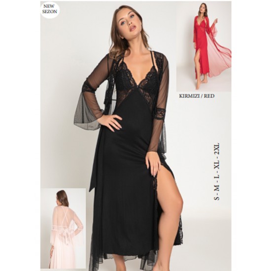 DEMİREL UZUN DANTELLİ GECELİK SABAHLIK TAKIMI SİYAH (XL) 50046