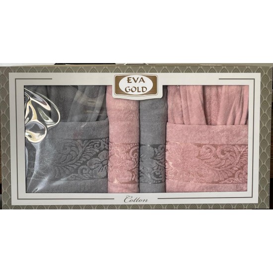 EVA GOLD KADİFE JAKARLI BORNOZ SETİ 6 PARÇA 0020 PEMBE | GRİ