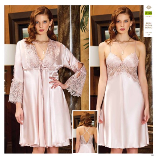 JEREMI LİNGERİE 2Lİ KISA GECELİK SABAHLIK TAKIMI 3126 PUDRA (XL)