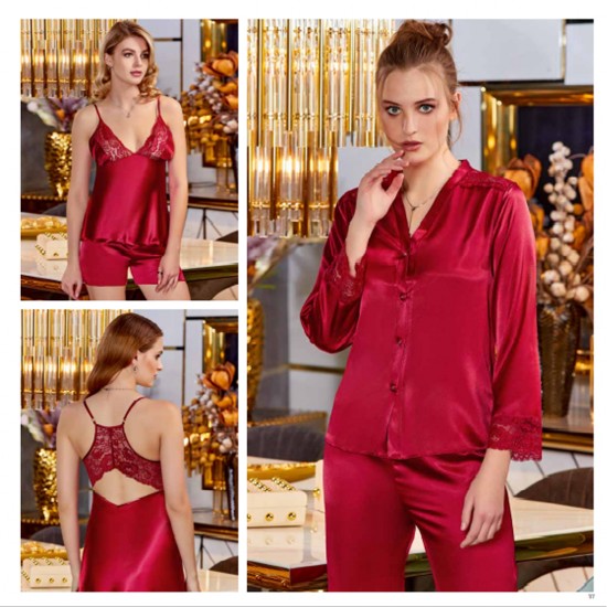 JEREMI LİNGERİE SATEN BRODELİ 6LI SET S300 BORDO  (S)