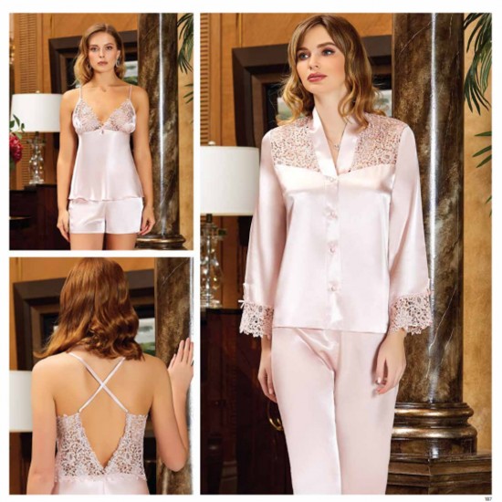 JEREMI LİNGERİE SATEN DANTELLİ KISA 6LI SET 481 PUDRA (M)