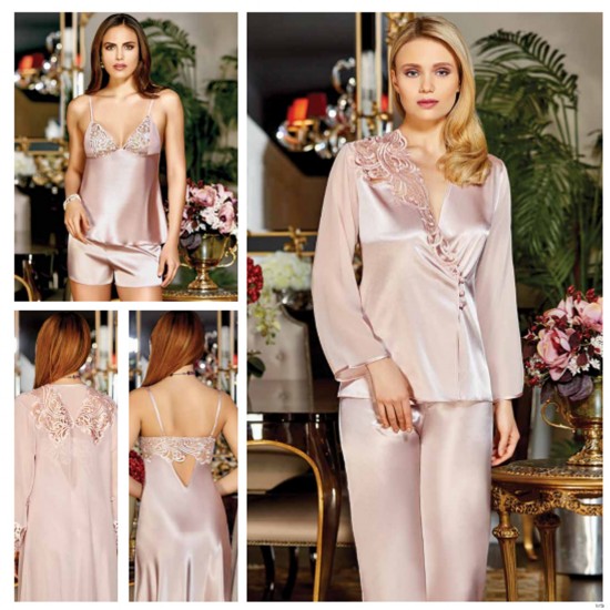 JEREMI LİNGERİE SATEN DANTELLİ UZUN 6LI SET 608 BORDO (M)