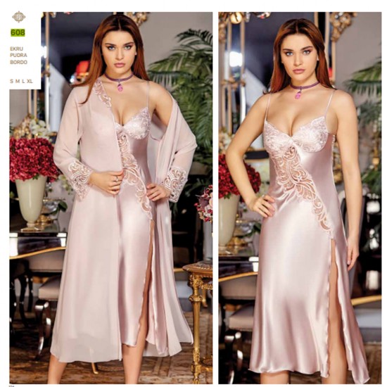 JEREMI LİNGERİE SATEN DANTELLİ UZUN 6LI SET 608 PUDRA (XL)