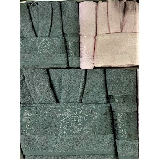 KARDELEN NAKIŞLI 6 PARÇA AİLE BORNOZ SETİ GRİ | PEMBE