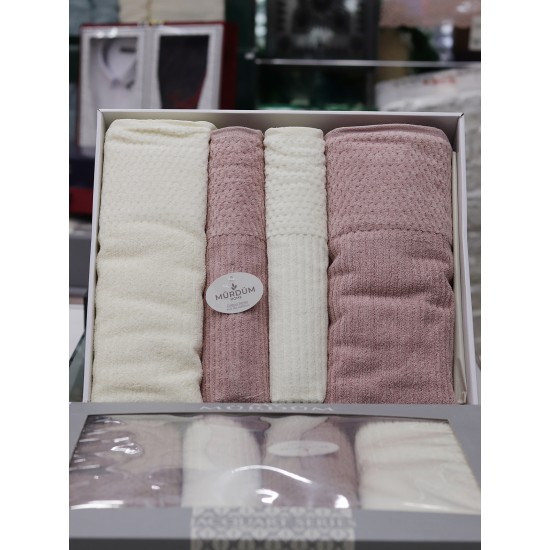 MY MÜRDÜM BUKLE JAKARLI HAMAM SETİ 4 PARÇA 4473 LİNA ÇİZGİLİ KREM | PEMBE