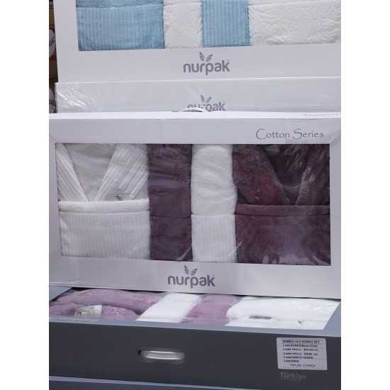 NURPAK 546 SEVGİ AİLE BORNOZ SETİ 8 PARÇA KREM | MÜRDÜM