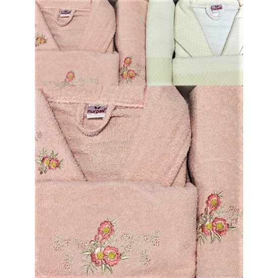 NURPAK NAKIŞLI İŞLEMELİ 6 PARÇA AİLE BORNOZ SETİ BEYAZ | PEMBE