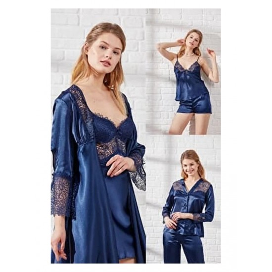 PİERRE CARDİN KADIN 6'LI SATEN KISA GECELİK-SABAHLIK ÇEYİZ SETİ 6225 LACİVERT (XL)